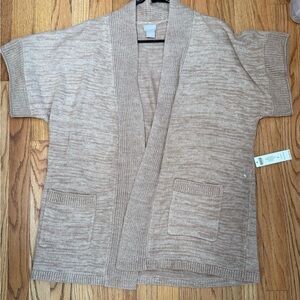 CHICOS WOMENS  BEIGE SHORT SLEEVE RIBBED CARDIGAN OPEN SWEATER CHICO SZ 2 (L)
